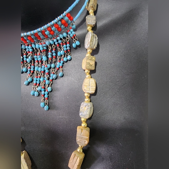 Turquoise Red Beaded Boho W Carved Scarab Natual Carved Necklace Jewelry Bundle - Picture 6 of 10